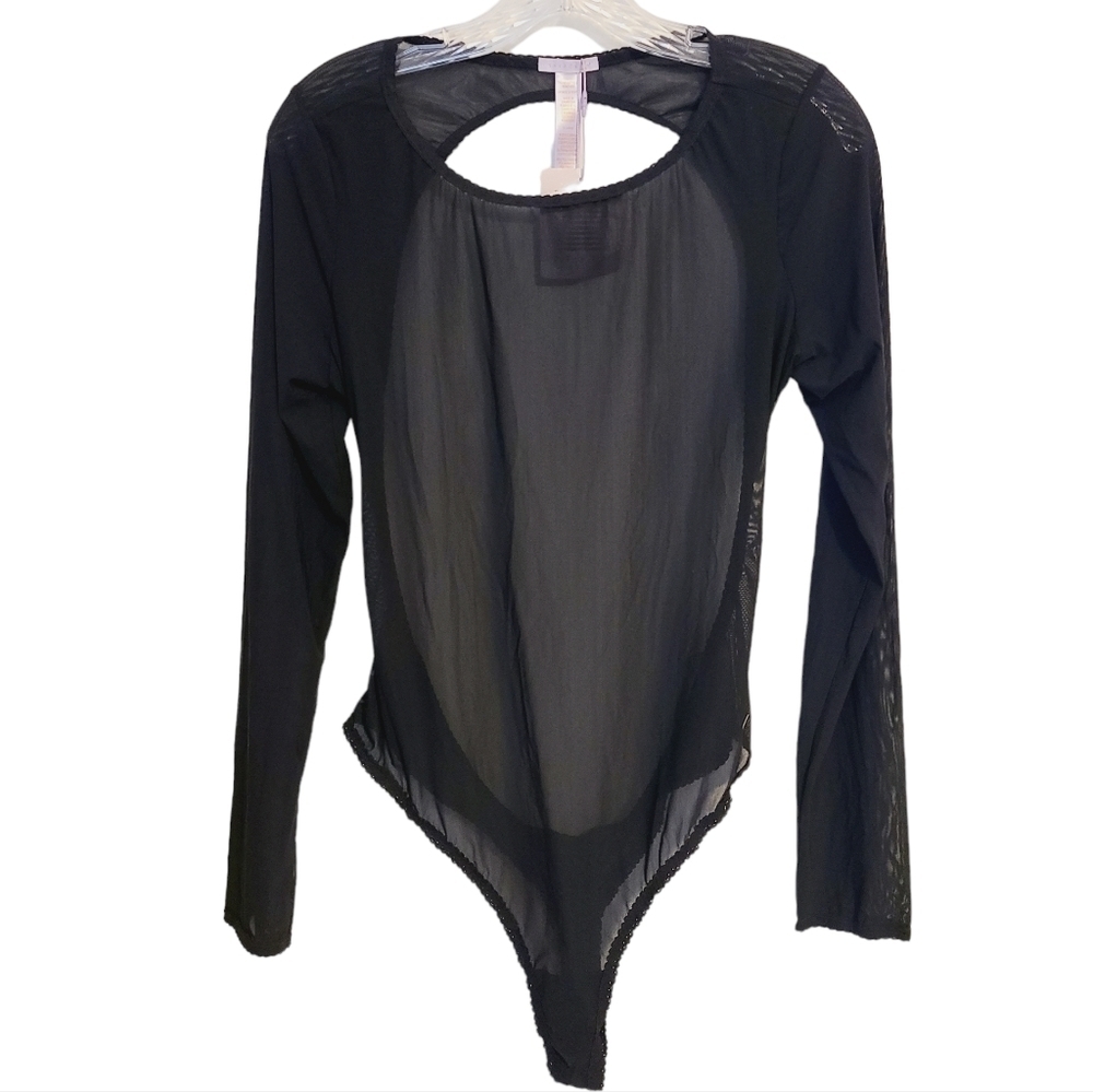 Savage X | Women's Black Long Sleeve Sheer Backless Bodysuit (Size XL)